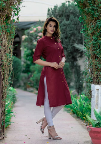 Maroon Cotton Straight Kurti - Kurti Mania