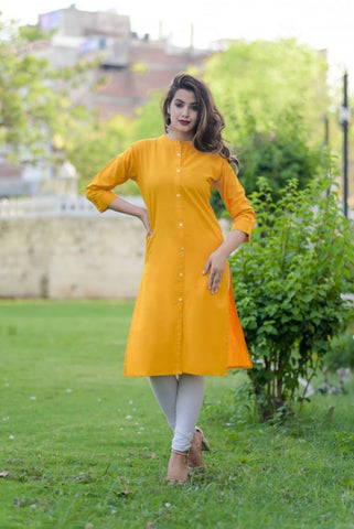 Mustard Cotton Straight Kurti - Kurti Mania