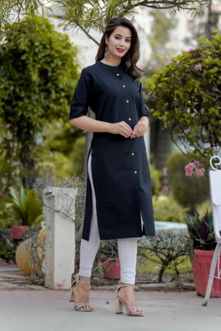 Black Cotton Straight Kurti - Kurti Mania